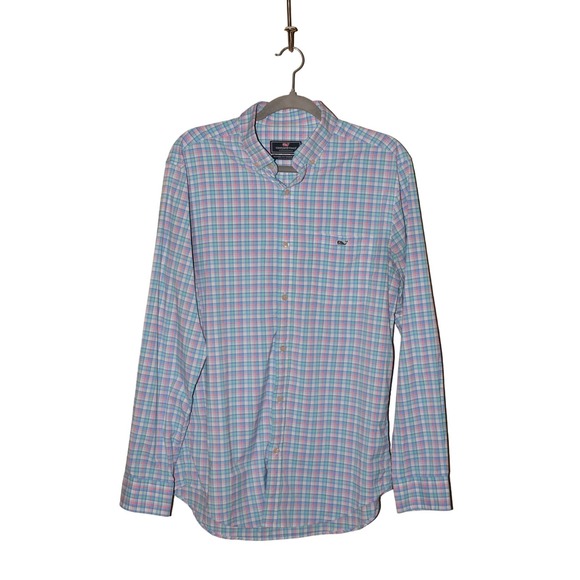 VINEYARD VINES $115 Classic Fit Plaid Performance‎ Tucker Shirt Blue/Pink Medium - Picture 1 of 5